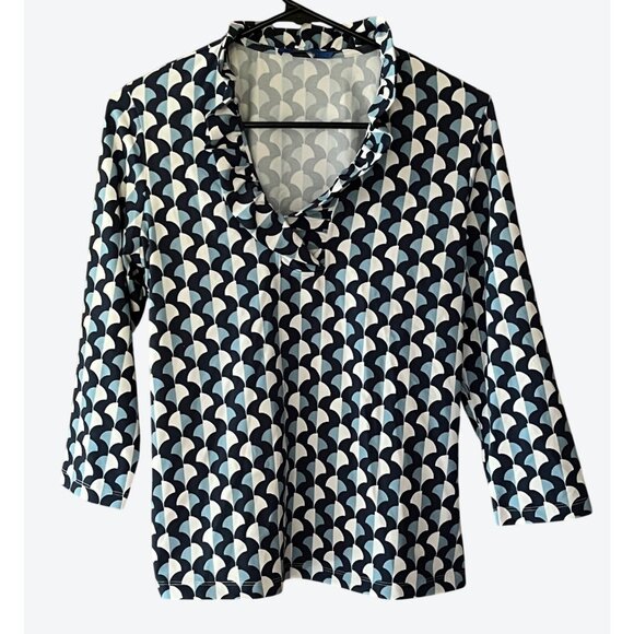J. McLaughlin Women's Small 3/4 Sleeve Geometric Top Navy Light Blue White - Picture 1 of 7